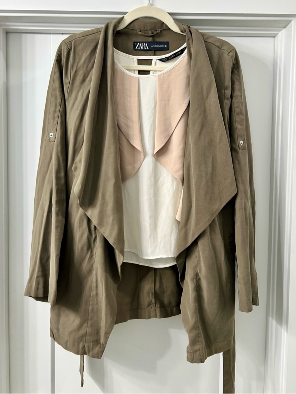 Zara women clothing set blouse cardigan blazer jacket Sz M olive draped boho